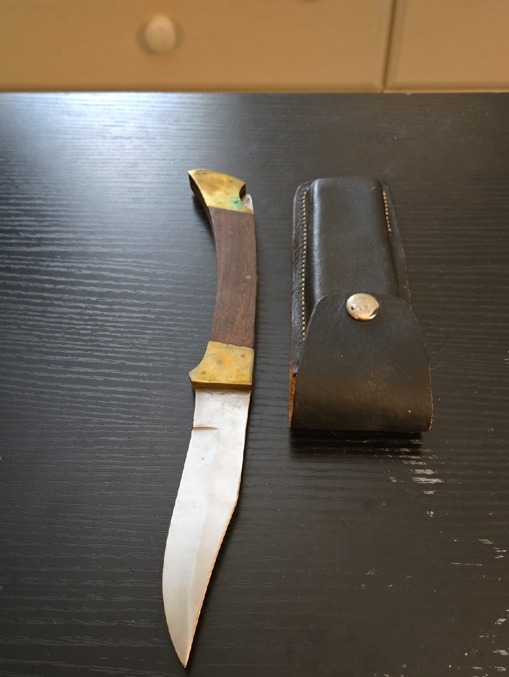 Vintage Folding Hunting Knife with Leather Sheath - Wood & Brass